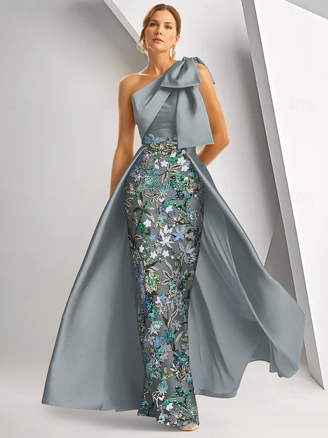 A-Line One Shoulder Floral Long Evening Dress Ball Gowns with Bow