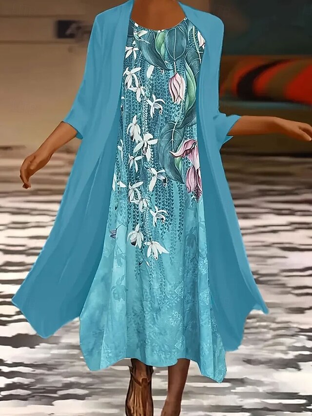 Women's Dress Set Summer Dress Casual Semi Formal Floral Graphic Print Midi Dress 3/4 Length Sleeve Crew Neck Daily Holiday Blue Purple Summer Spring Loose Fit3
