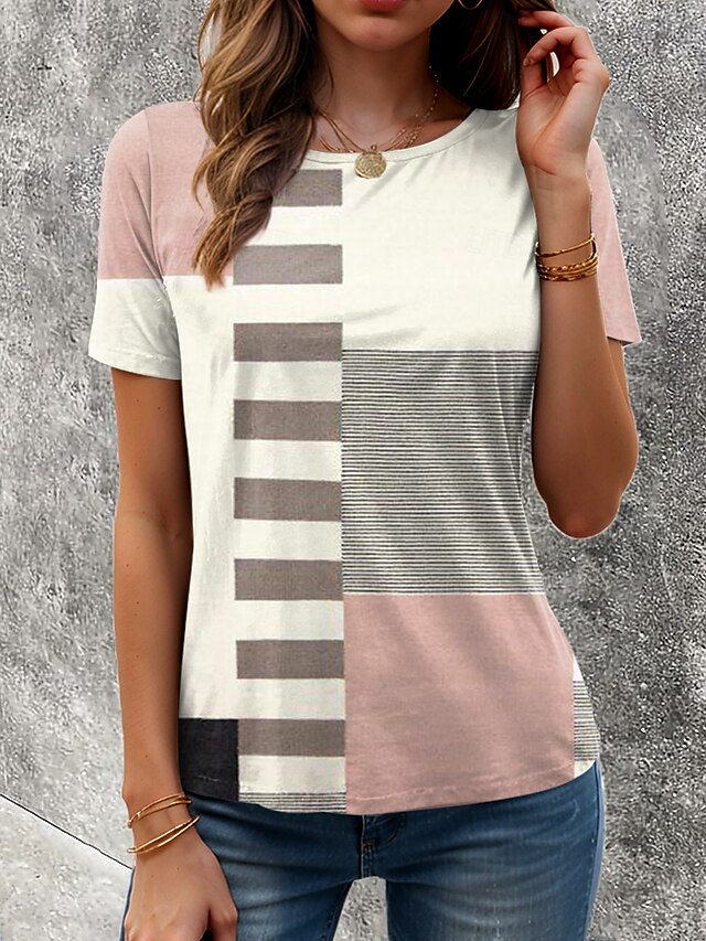 Women's T Shirt Graphic Geometric Geometry Vintage Stylish Classic Short Sleeve Crew Neck Round Neck Regular Tops Daily Print Dusty Rose Summer Spring4
