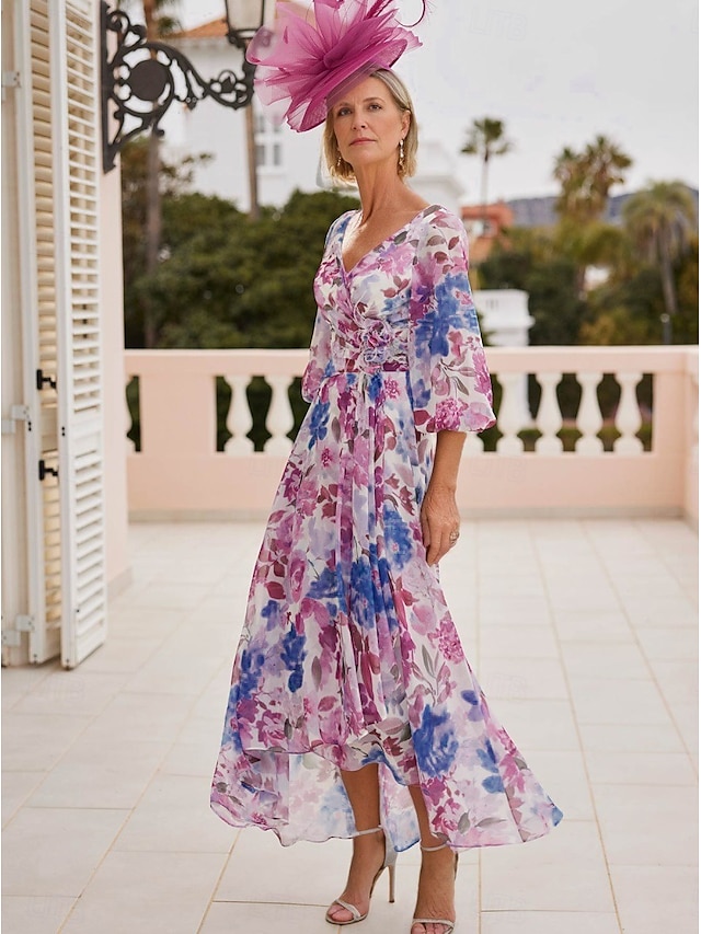  Blumenkleid Mutter der Braut Kleid Elegant Vintage V-Ausschnitt Asymmetrisch Chiffon 3/4-Länge Ärmel mit Spitzenapplikationen Blumen Renntagskleid Hochzeitsgast Kleid