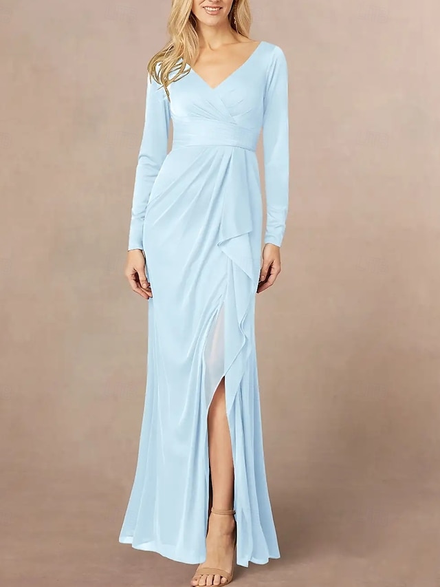  Sirène / Trompette Robe de Mère de Mariée  robe demoiselle d honneur Élégant Col en V Longueur au sol Chiffon manche longue avec Volants Devant Fendu Fronces 2025