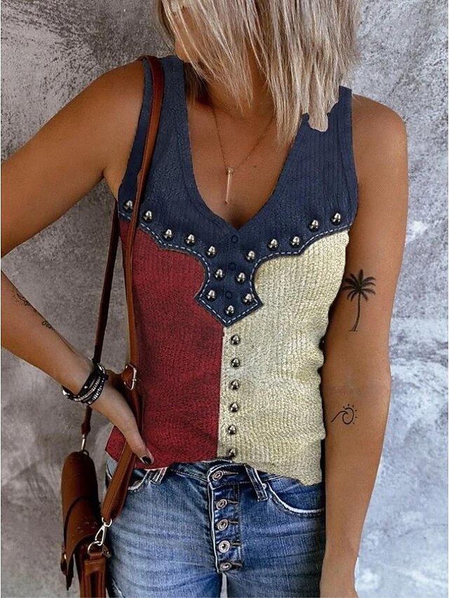 Women's Patriotic  Tank Top Flag Rock Beach Sleeveless Sleeveless V Neck Regular Tops Daily Club Uniforms Going out Wine Blue Dusty Blue Summer Spring4