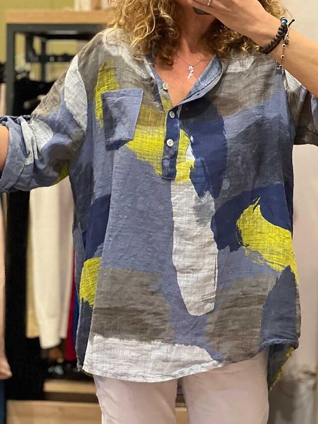  Femmes Chemise Chemises en coton et lin Chemisier Bloc de Couleur Moderne Occasionnel manche longue Col de chemise Hauts Réguliers Quotidien Sortir Imprimé Jaune Rouge Fuchsia Vert Gris Clair Été