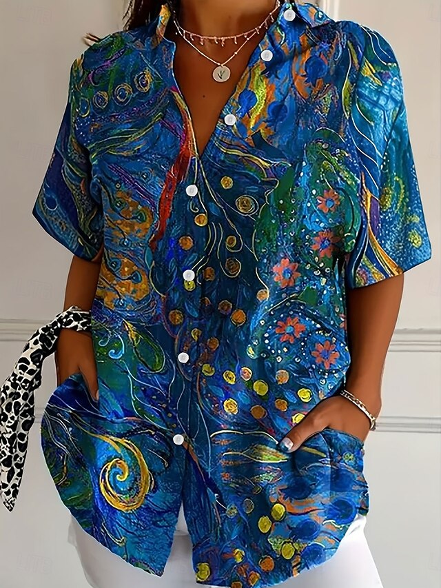 Women's Shirt Long Sleeve Button Down Blouse Floral Graphic Daily Casual Short Sleeve Shirt Collar Regular Tops Daily Blue Summer Spring3