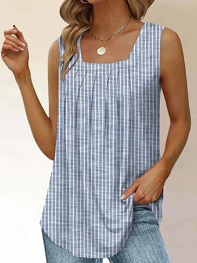 Women's Camisole Tank Top Graphic Geometric Striped Vintage Tropical Stylish Sleeveless Square Neck Regular Tops Daily Ruched Print Red Blue Dusty Blue Summer Spring4