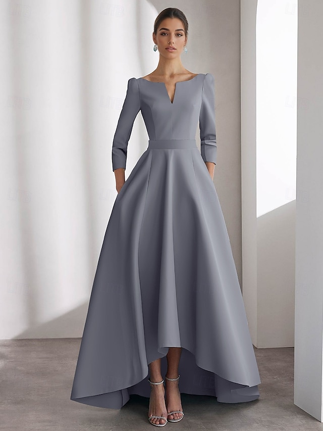  Abiti da Cocktail A-Line Blu Abito Elegante Formale Matrimonio Asimmetrico Maniche Lunghe Scollo a V Satin con Tasche