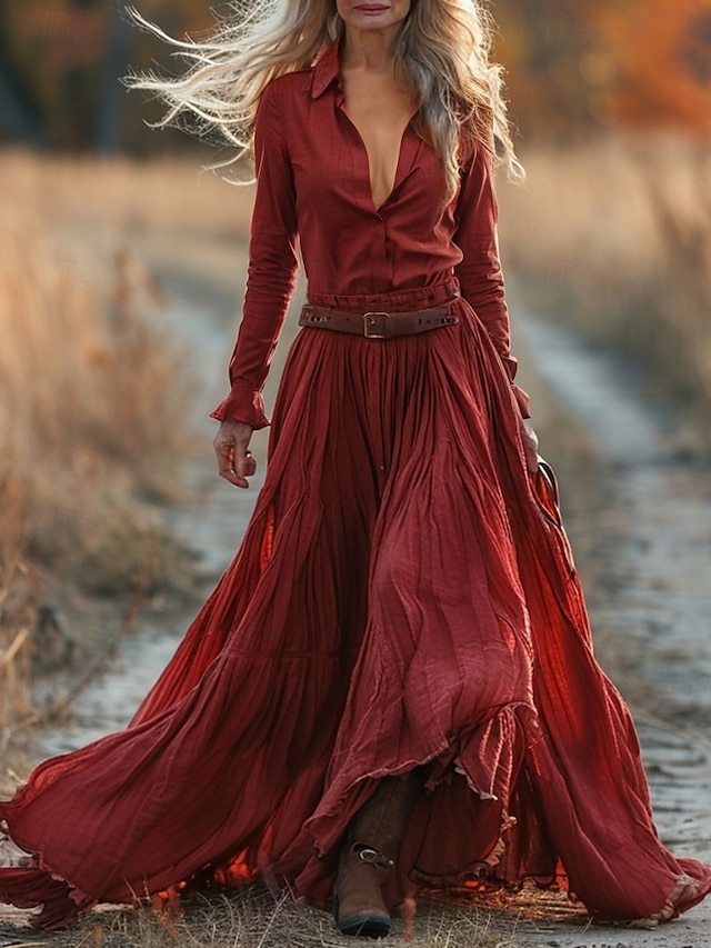 Damen Langes Kleid Maxikleid Freizeitkleid Schwingkleid Sommerkleid Boho-Kleid Vintage Urlaub Täglich Ferien Normale Passform Einfarbig Langarm V Ausschnitt Rote Sommer