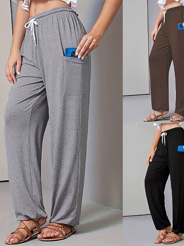  Femmes Jambe large Slacks Pantalons Streetwear Occasionnel Longueur complète Naturel Uni Avec Poches Conception à cordon élastique Confortable Extérieur Rue Décontracté Quotidien Gris Noir Café Été