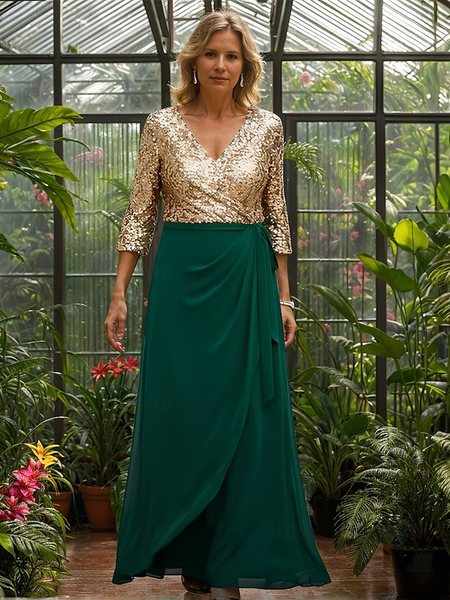  Třpytkové krajkové zlaté A-line šaty matky nevěsty Elegantní vintage jednoduché výstřih do V podlahové délky svatební host šaty chiffon krajka s rukávem 3/4 s flitrovanou krajkou a nařasenými detaily