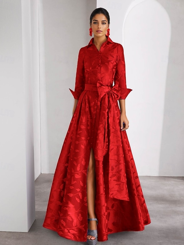 A-Linje Kveldsdrakt Elegant Kjole Formell Bryllup Gulvlengde 3/4 Lengde Erme Skjorte Krage Lomme Sateng med Blomstertrykk Sløyfe(r) Splitt Bryllupsgjest Kjole