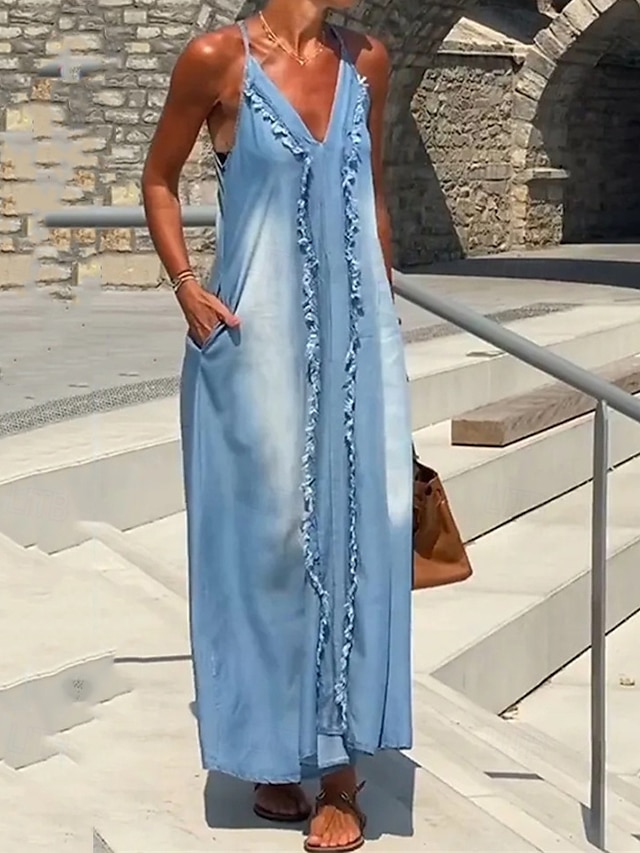  Dámské Dlouhé šaty Maxi šaty Šaty inspirované plátnem Bavlněné lněné šaty Slip Dress Boho šaty Vinobraní Módní Venkovní Párty Dovolená Běžný Tónované Bez rukávů Do V Černá Bílá Vodní modrá Světle