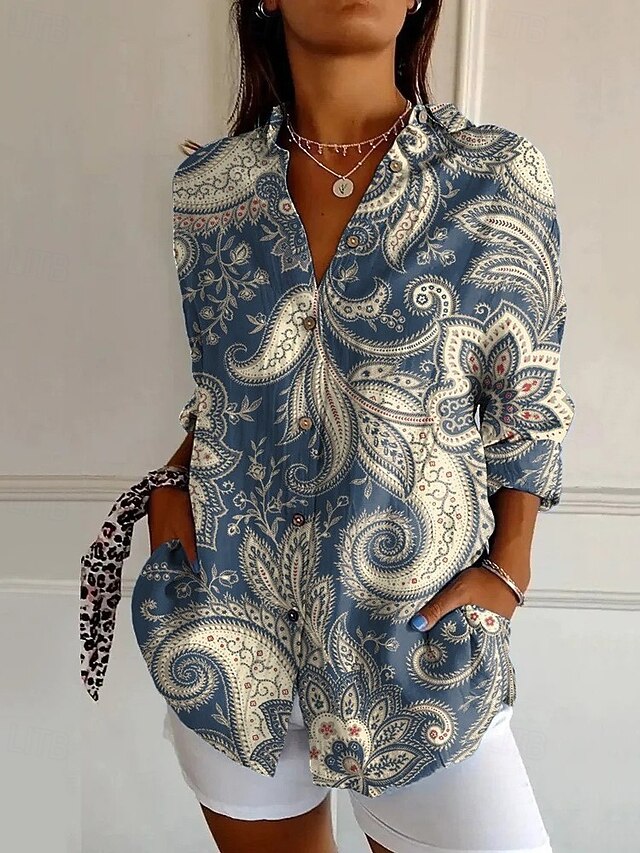 Women's Shirt Flower Daily Stylish Basic Half Sleeve V Neck Regular Tops Daily Holiday Print White Blue Beige Spring Fall4