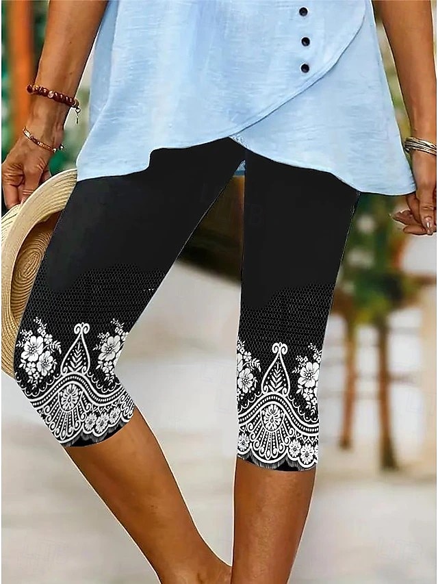  Womens leggings capri nadrág magas rugalmasságú nyaralás divatos hawaii térd alatti közép derék virágos grafikus nyomtatás lélegző puha nyaralás alkalmi mindennapi tó kék fekete kék világoskék
