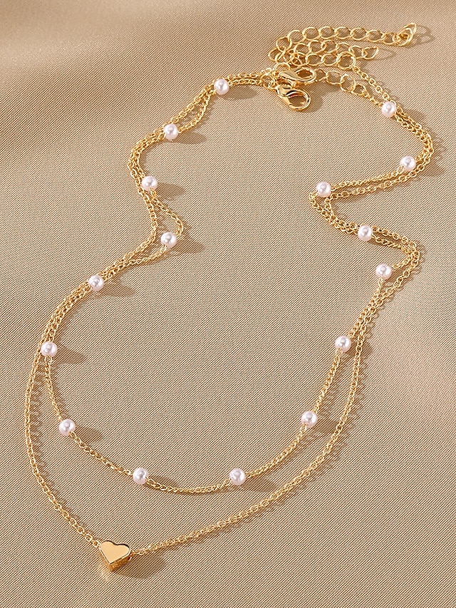 Women's Light Gold Tone Chain Necklace with Hearts and Pearl by Merx Fashion