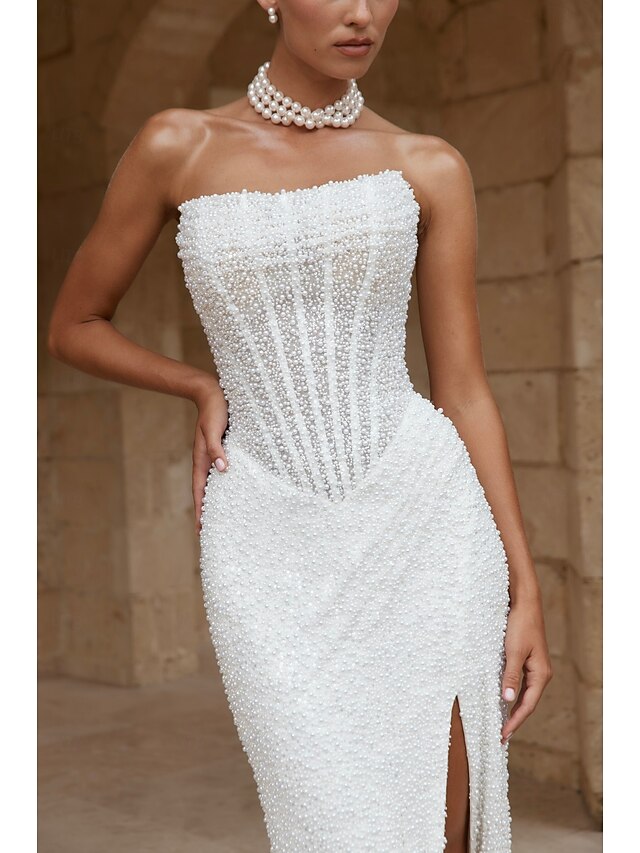 Beach Wedding Drop Waist Dress Corset Dress Glitter & Sparkle Pearls Bustier Wedding Dresses Mermaid / Trumpet Off Shoulder Sleeveless Floor Length Bridal Gowns With Ruched Details and Slit4