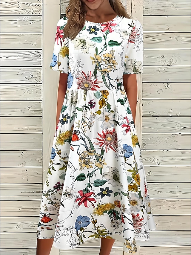  Damen Midikleid T-Shirt-Kleid A Linie Kleid Sommerkleid Urlaub Lässig Täglich Ausgehen Sommerkleid Normale Passform Blumen Grafik Halbarm Rundhalsausschnitt Weiß Dunkelpink Blau Sommer Frühling