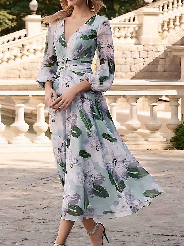  A-Linie Kleid Mutter der Braut Kleid Blumenmuster Elegant Vintage V-Ausschnitt Knöchellang Chiffon 3/4 Länge Bubble-Ärmel mit Raffungsdetails Renn-Tag-Kleid Hochzeitsgast Kleid