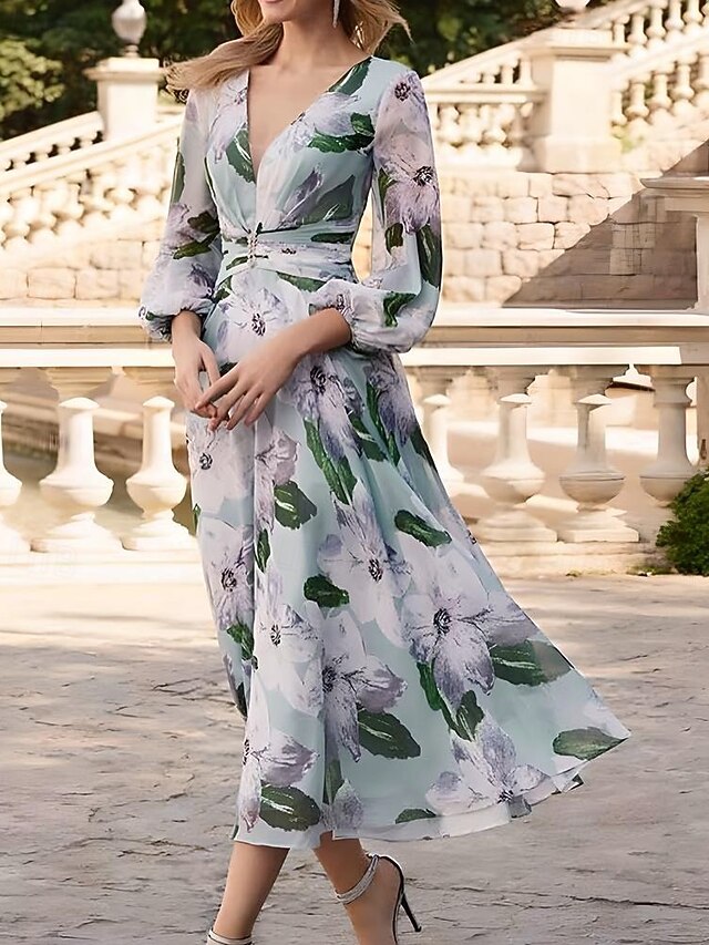 A-Line Dress Mother of the Bride Dress Floral Print Elegant Vintage V Neck Ankle Length Chiffon 3/4 Length Bubble Sleeve with Ruching Details Race Day Dress Wedding Guest Dress4