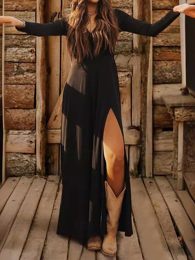  Damen Langes Kleid Maxikleid Freizeitkleid Klassisch Modern Outdoor Urlaub Ferien Normale Passform Einfach Langarm V Ausschnitt Schwarz Sommer