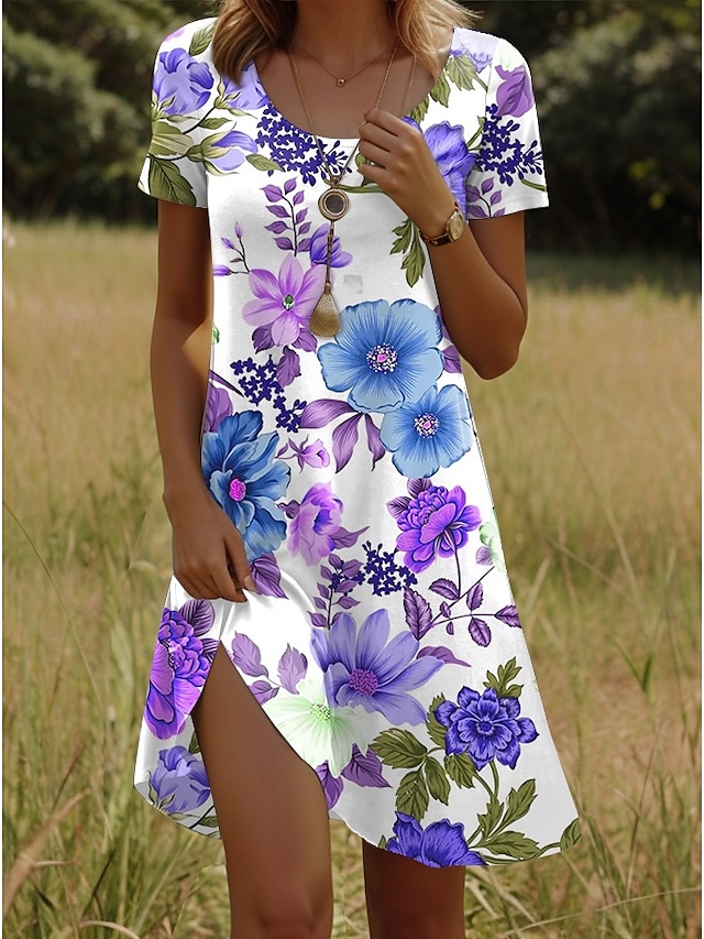  Femmes Mini Robe Robe T-Shirt Robe d'Été Robe trapèze Robe d'été Vacances Occasionnel Chaussures de plage Quotidien Fête Date Coupe régulière Fleuri Graphique Manche Courte Col en V Rose Claire Bleu