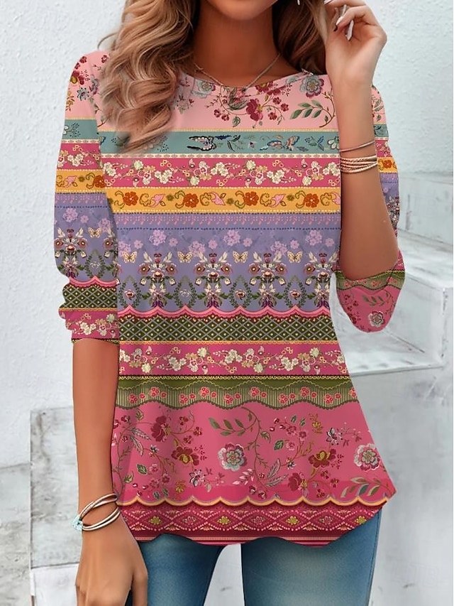  Women's T shirt Long Sleeve Crew Neck Long Sleeve Tunic Floral Graphic Gradient Elegant Vintage Stylish Regular Tops Daily Print White Yellow Red Blue Dark Green Fall Prefall