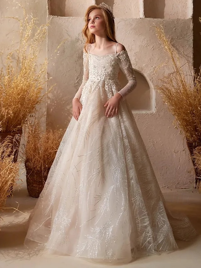  Vestido de Baile Comprimento Varredura  Escova Vestido de Menina das Flores Primeira Comunhão Frozen Elsa Garotas Bonitas Vestido de Formatura Renda com Drapê Elegante Estilo Real Ajuste de 3 a 16
