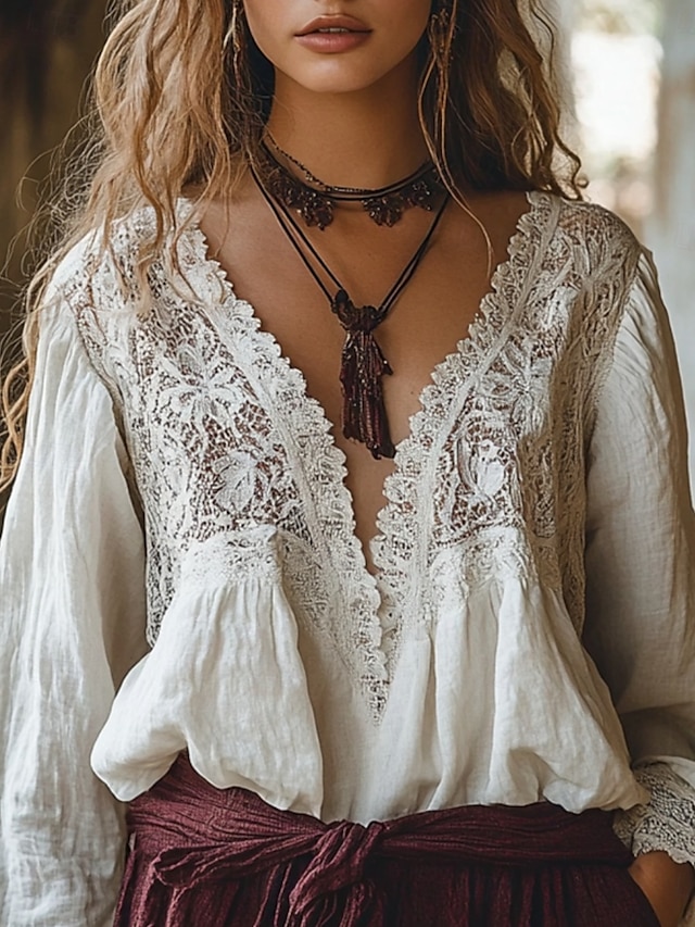  bluză western pentru femei, evazabil, cămașă boho, bluză din bumbac și in, cămăși simple, casual, boho, mânecă lungă, decolteu în V, bluze obișnuite, zi de zi, vacanță, ieșiri în oraș, dantelă, model patchwork, alb, vară, toamnă