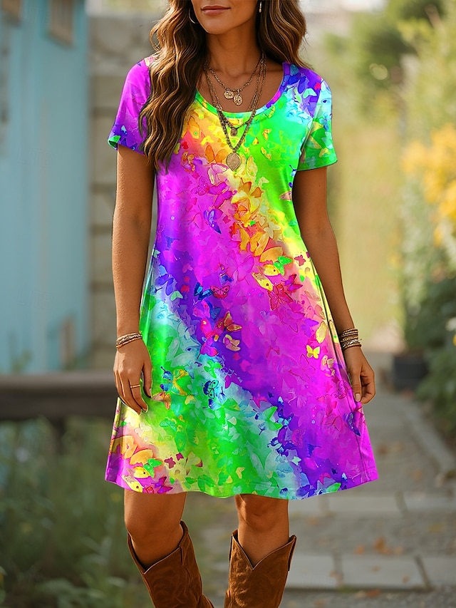  Pentru femei Rochie Mini Rochii Tricou Rochie A line Rochie de vară Casual Zilnic Fit regulat Ombre Grafic Geometric Manșon scurt Crewneck Albastru piscină Mov Portocaliu Vară Primăvară