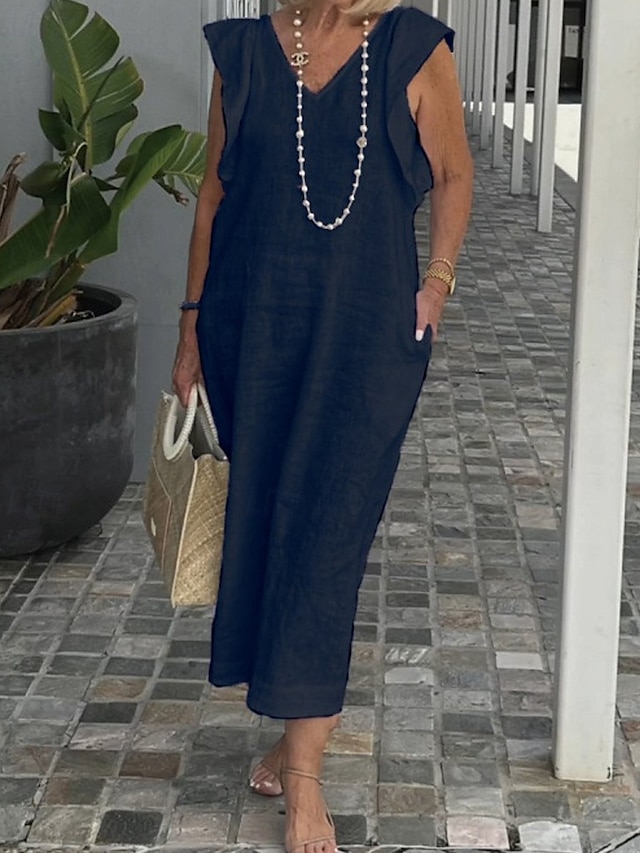  Per donna Abito Lungo Maxi Abito Abiti in cotone e lino Vestito Casual Moda All'aperto Feste Ferie Vestibilità regolare Semplice Senza Maniche Scollo a V Nero Bianco Blu marino Estate