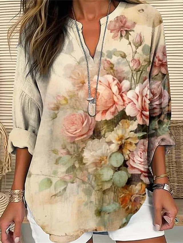  Femmes Chemise Fleur Quotidien Élégant Basique manche longue Col en V Hauts Réguliers Quotidien Fête Imprimé Jaune Bleu Roi Violet Printemps Automne