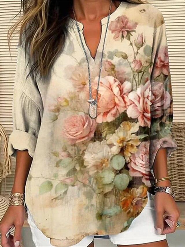 Women's Shirt Flower Daily Stylish Basic Long Sleeve V Neck Regular Tops Daily Holiday Print Yellow Royal Blue Purple Spring Fall4