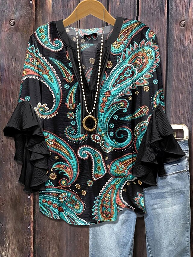 Women's T Shirt Tee Top Floral Paisley Fashion Modern Half Sleeve V Neck Regular Tops Daily Going out Ruffle Print Black White Rose Pink Summer Spring4