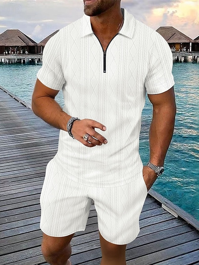  Men's Quarter Zip Polo Golf Shirt Daily Holiday Lapel Short Sleeve Fashion Basic Plain 2 Piece Jacquard Summer Regular Fit Black White Blue Khaki Army Green Gray Quarter Zip Polo