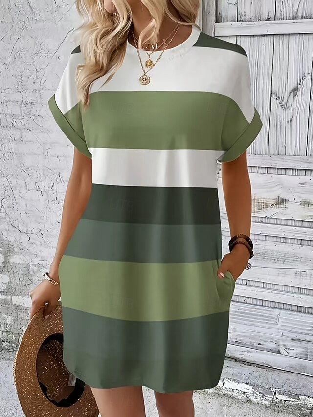 Women's Mini Dress T Shirt Dress Tee Dress Shift Dress Casual Outdoor Daily Holiday Regular Fit Stripe Short Sleeve Crew Neck Orange Green Summer4