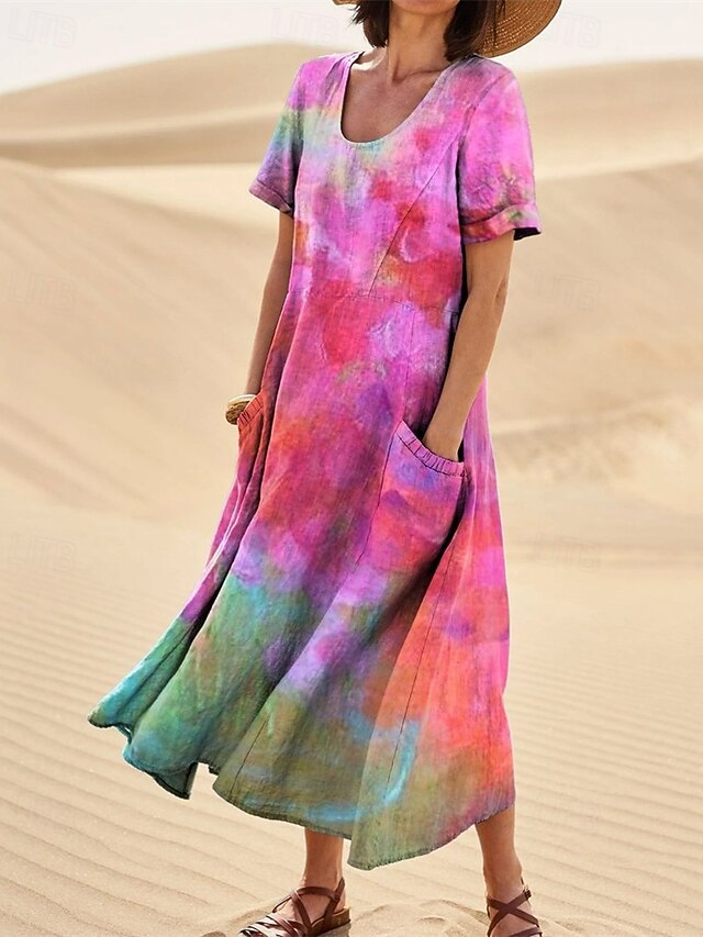 Women's Long Dress Maxi Dress Casual Dress Swing Dress Summer Dress Elegant Fashion Romantic Outdoor Party Holiday Regular Fit Flower Short Sleeve Crew Neck Purple Rainbow Rose Red Summer4