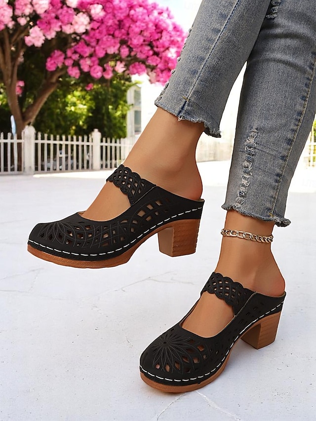  Damslip-on ihåliga mules med grov klack – vintagesandaler i konstläder, perfekta för avslappnade promenader, brunch i trädgården, konstmässor utomhus och vårresor