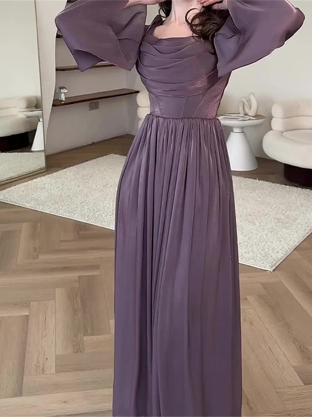 Modré A-line šaty elegantní šaty formální poloforální svatba dlouhé až na zem dlouhý rozšířený rukáv čtvercový výstřih lesklá organza s plizé