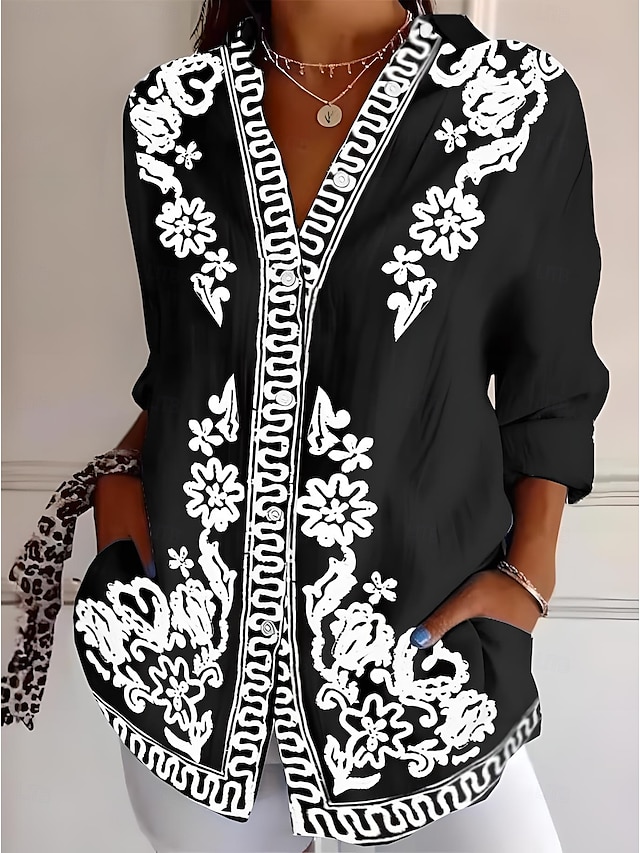  Camicia da donna a maniche lunghe bottone giù blusa floreale grafica geometrica casual colletto regolare top da lavoro quotidiano vacanze bottoni stampa denim blu nero arancione azzurro estate