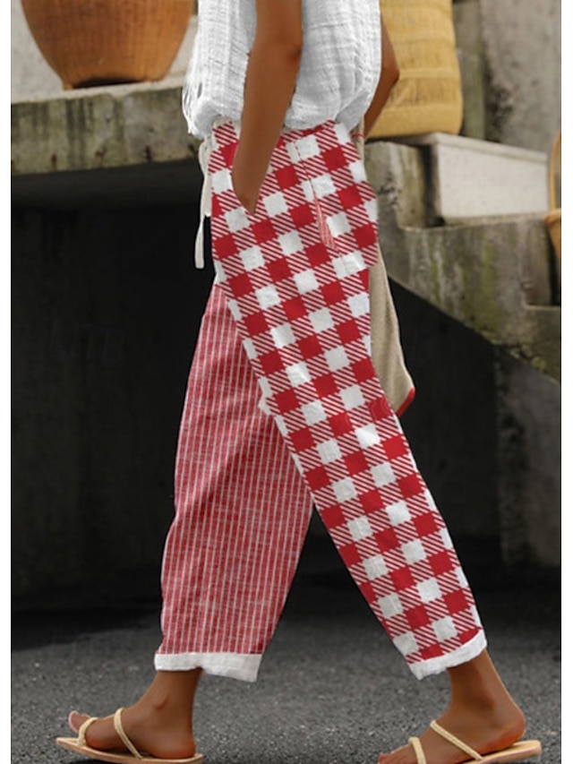  Femmes Chinos Vacances ancien Style Ethnique Longueur complète Taille haute Rayure Lignes / Vagues Bandes Doux Extérieur Respirant Micro-Élastique Extérieur Vacances Occasionnel Bleu Rouge Gris