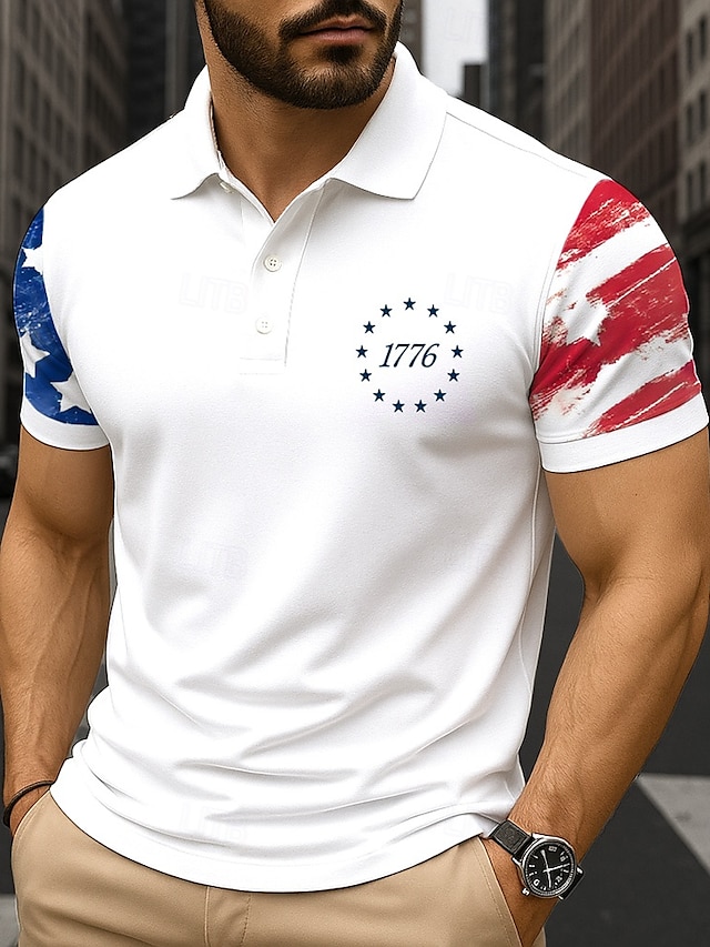  Independence Day Voor heren Amerikaanse vlag Polo Korte Mouw Polo kraag Revers Casual / Dagelijks Festival Knop Zomer Wit Rood Marineblauw