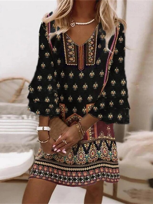  Dam Mini klänning Vardagsklänning Sommarklänning Boho-klänning Mode Utomhus Fest Helgdag Normal Blomma Långärmad V-hals Svart Sommar Vår