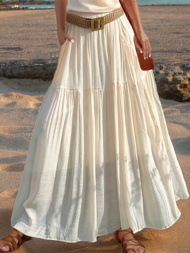  Femmes Taille Asiatique Évasé Jupes en lin Occasionnel Été Midi Taille haute Jupes Couleur Unie Froncé Plissé Avec Poches Élastique Vacances Quotidien Vin Rouge pastèque Moutarde verte couleur orange