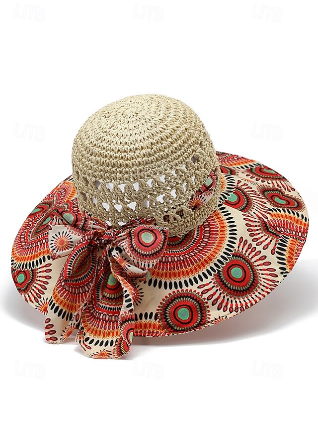  Women's Wide Brim Straw Sun Hat with Colorful Ethnic Print Bow – Boho Style Foldable Beach Hat for Summer Travel and Vacation