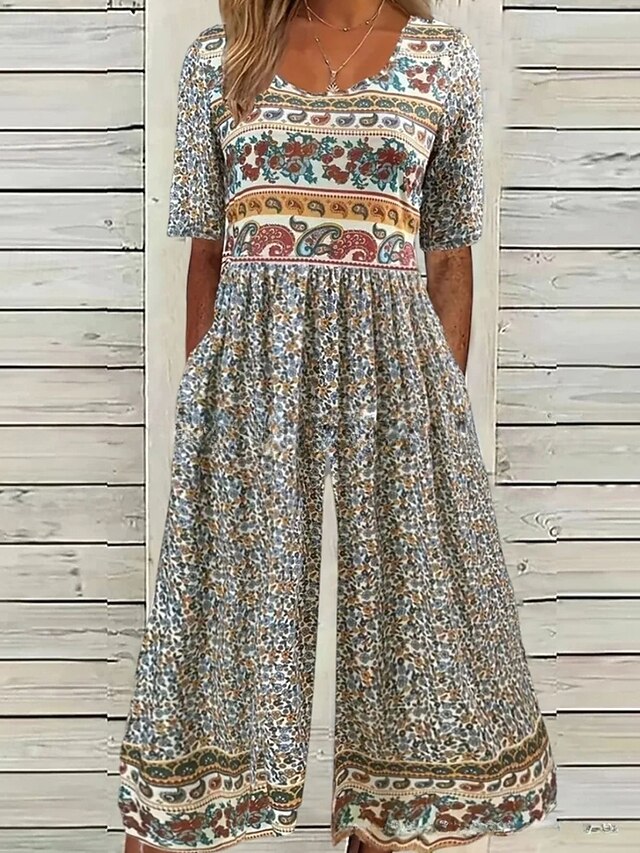 Women's Normal Jumpsuit Casual Floral Short Sleeve Crew Neck Print Street Daily Regular Fit Blue Apricot Summer4