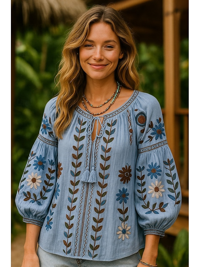  Damen Hemd Blumen Grafik Bohemien Vintage Lässig Langarm Rundhalsausschnitt Normale Oberteile Täglich Bestickt Weiß Blau Sommer