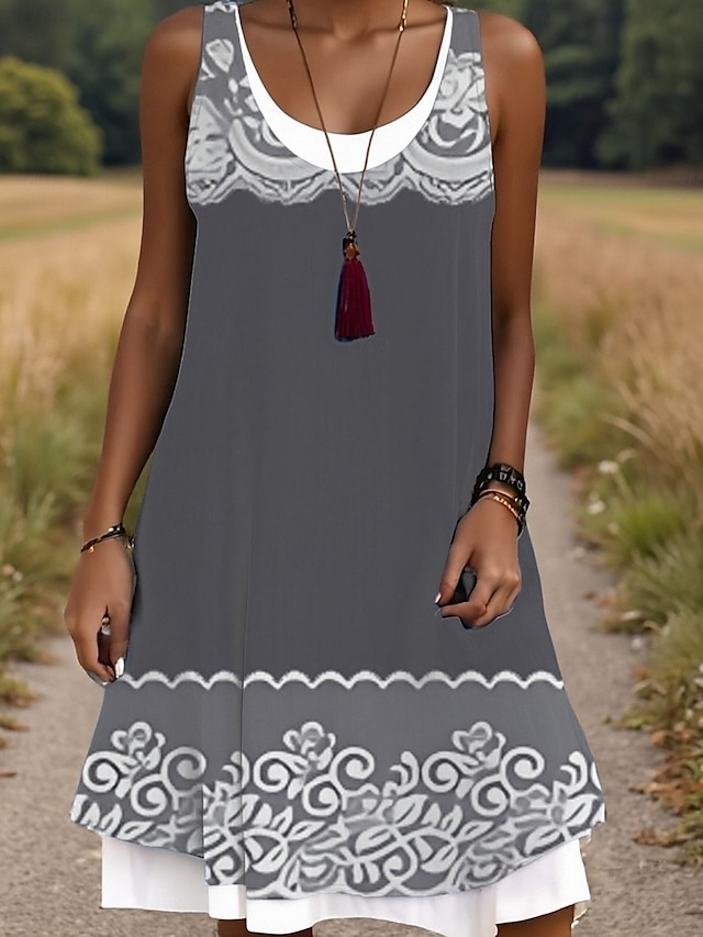  Damen Midikleid Trägerkleid Mode Klassisch Outdoor Täglich Wochenende Normale Passform Grafik Geometrisch Ärmellos Rundhalsausschnitt Hellgrau Sommer Frühling Herbst