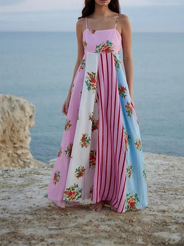  Femmes Robe Longue Maxi Robe Robes en coton et lin Robe Décontractée Mode Extérieur Soirée Fête Coupe régulière Fleur Sans manches Bretelles spaghetti Rose Claire Été