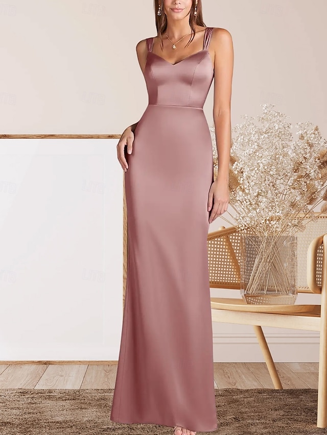  Mermaid / Trumpet Mother of the Bride Dress Wedding Guest Elegant Minimalist V Neck Floor Length Satin Sleeveless with Ruching