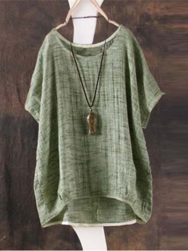  Femmes Chemise Couleur Unie Basique Occasionnel Manche Courte Col ras du cou Hauts Réguliers Quotidien Rouge Vert Kaki Été