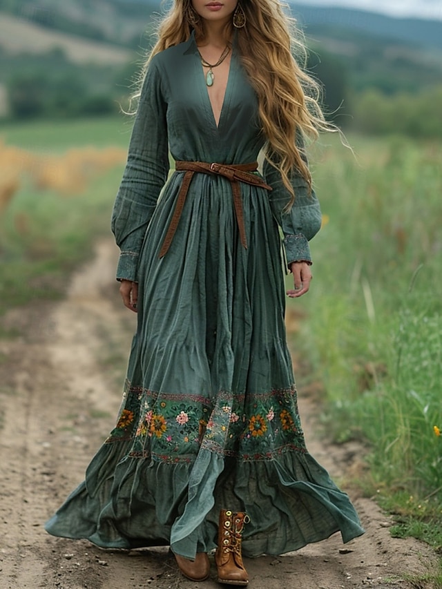  Femmes Robe Longue Maxi Robe Robe Décontractée Robe évasée Robe d'été Robe bohème ancien Vacances Quotidien Fête Coupe régulière Fleuri manche longue Col en V Vert Été